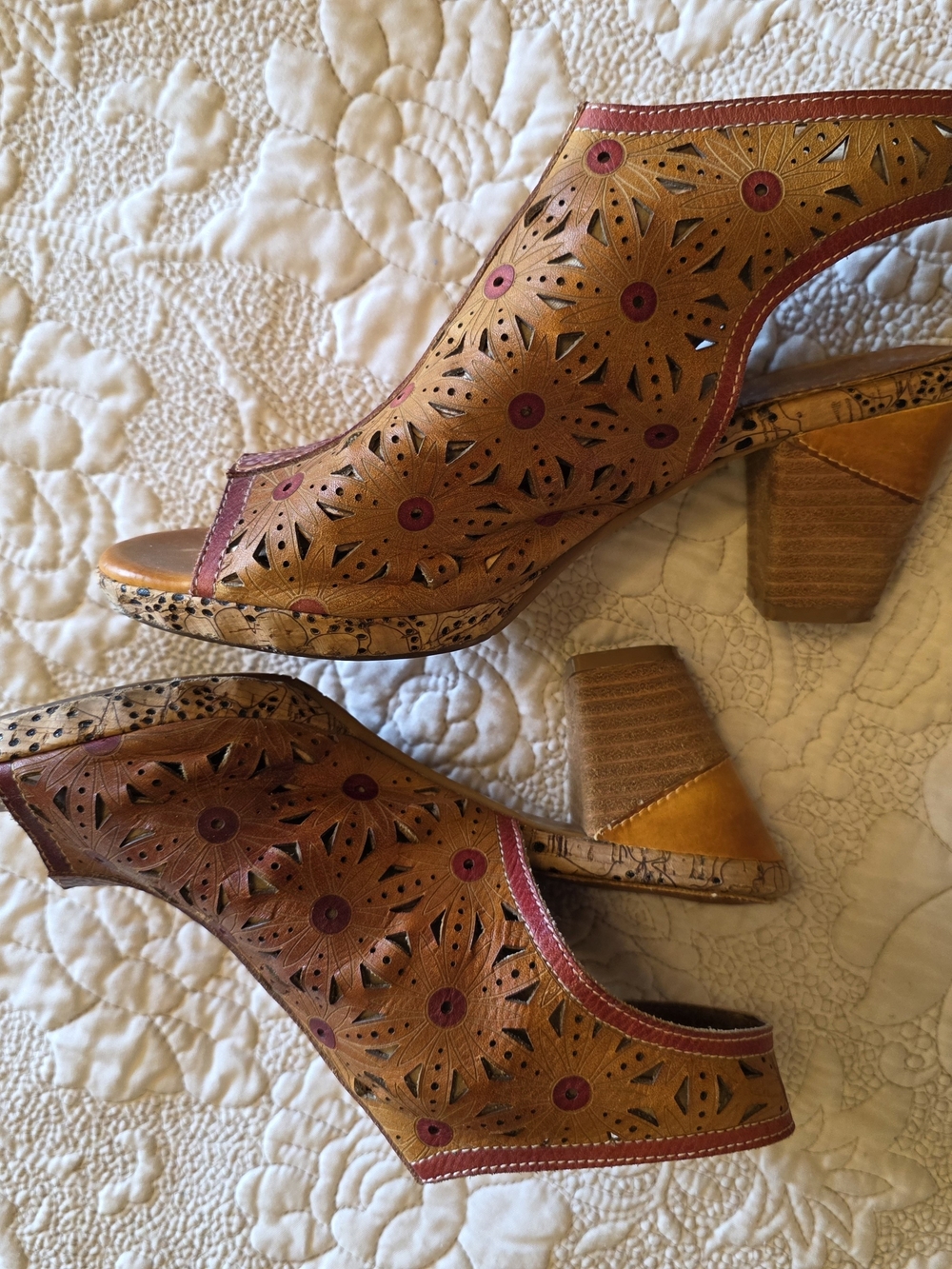 Boho Laser-Cut Leather Peep Toe Slingback Block Heel Shoes